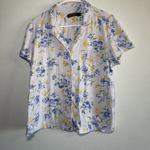 Lauren Ralph Lauren Pajama Set XL Floral Blue Cropped Logo Pocket Black Label - Picture 3 of 6